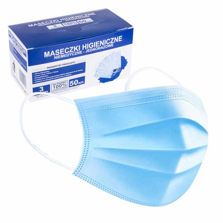 Protective mask 3-layer mask to cover the mouth and nose blue color 50 pcs