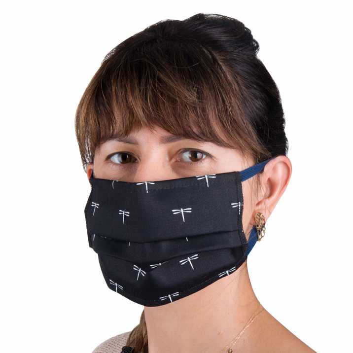 Cotton protective mask with fizelin lining reusable black with dragonflies 1pcs