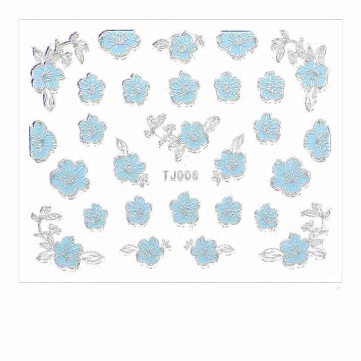 Naklejki 3D kwiatki TJ006 niebieskie z srebrna obwódką arkusz