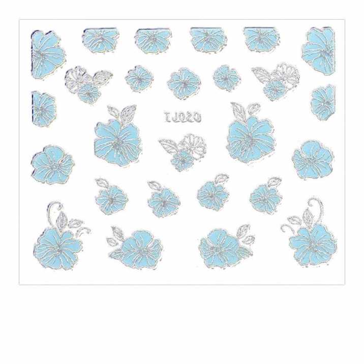 Naklejki 3D kwiatki TJ020 niebieskie z srebrna obwódką arkusz