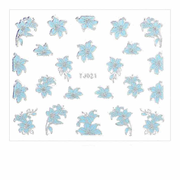 Naklejki 3D kwiatki TJ021 niebieskie z srebrna obwódką arkusz