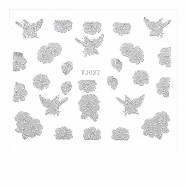 Naklejki 3D kwiatki TJ037 białe z srebrna obwódką arkusz