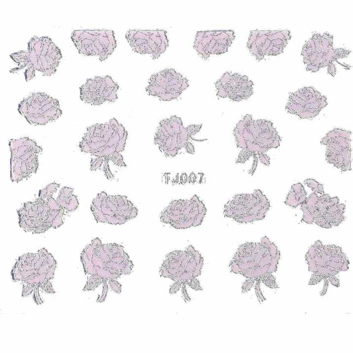 Naklejki 3D kwiatki TJ007 pudrowy róż ze srebrna obwódką arkusz
