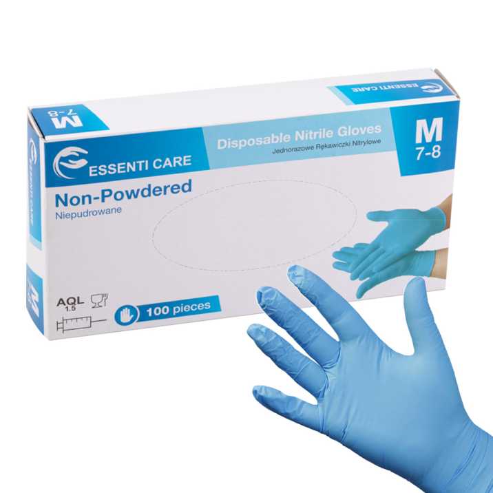 Rękawiczki jednorazowe nitrylowe diagnostyczne i ochronne Essenti Care rozmiar M 100 szt niebieskie