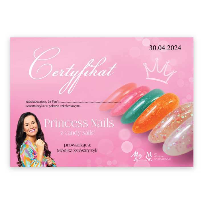 Certyfikat ze szkolenia online Princess Nails z Candy Nails by Monika Szlósarczyk wersja PDF
