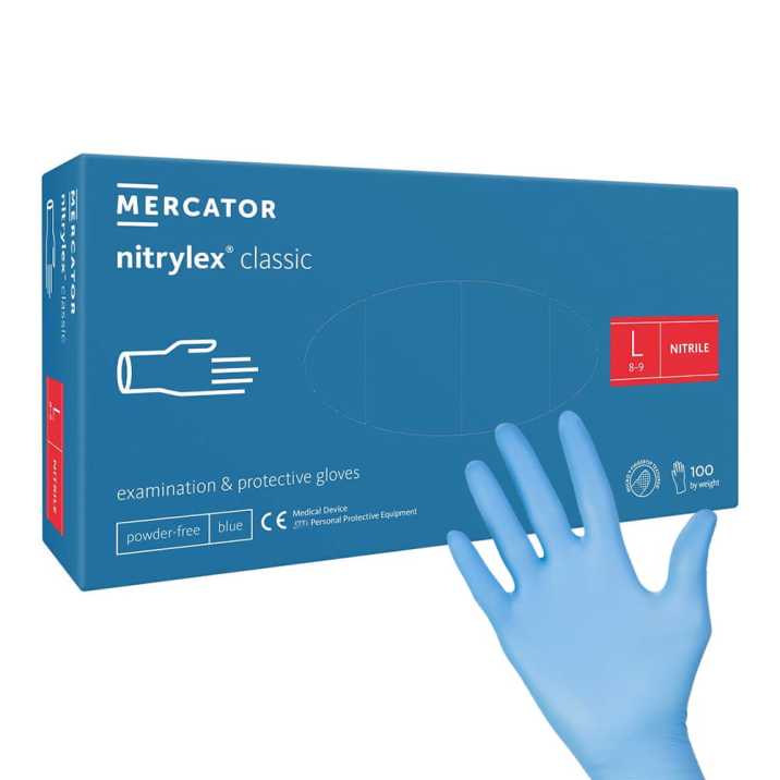 Rękawiczki jednorazowe nitrylowe diagnostyczne i ochronne Mercator Medical nitrylex classic rozmiar L niebieskie 100szt