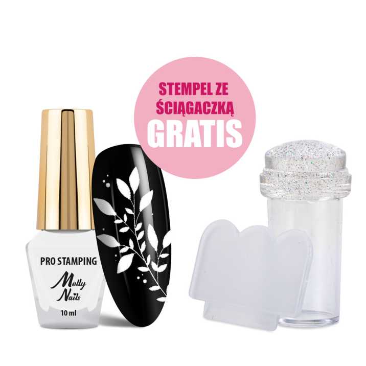 Lakier do stempli i stampingu Molly Nails PRO Stamping biały white 10ml + stempel ze ściągaczką GRATIS