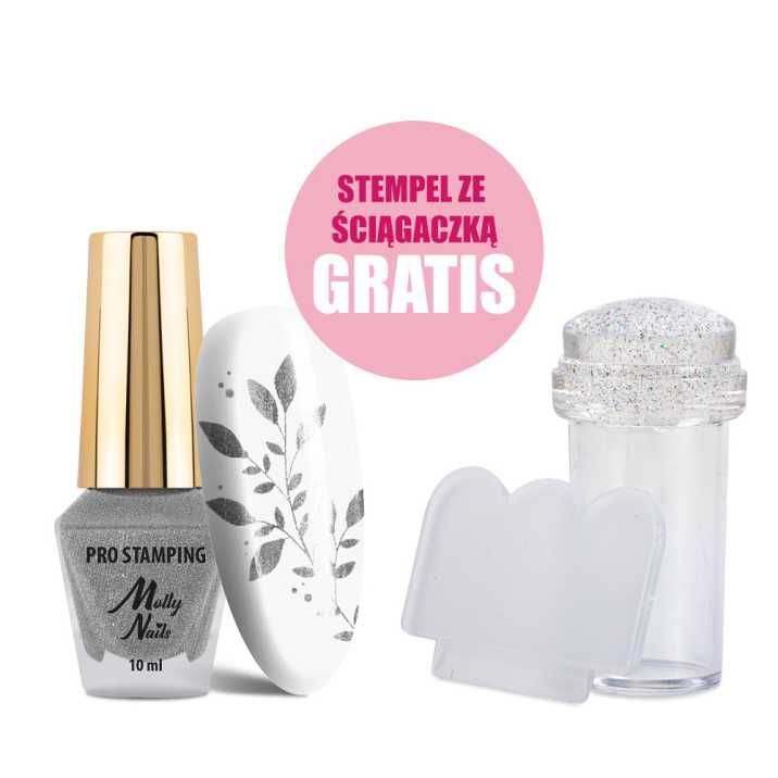 Lakier do stempli i stampingu Molly Nails PRO Stamping srebrny silver 10ml + stempel ze ściągaczką GRATIS