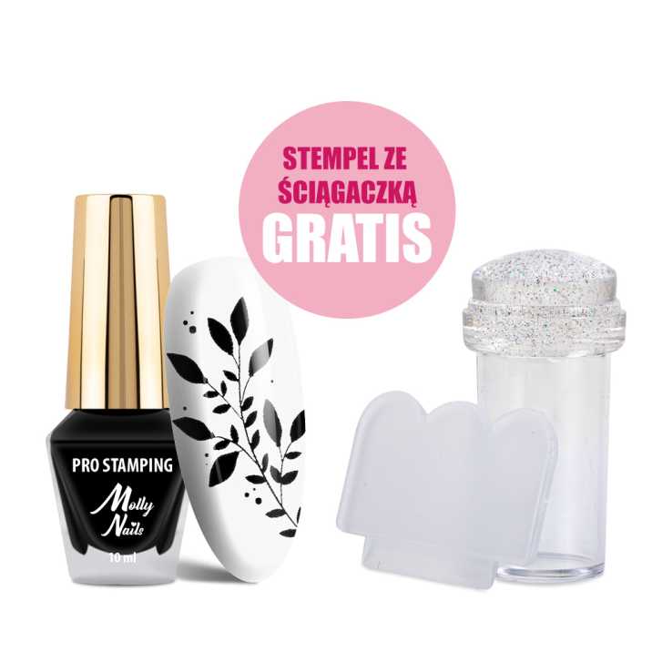 Lakier do stempli i stampingu Molly Nails PRO Stamping czarny black 10ml + stempel ze ściągaczką GRATIS