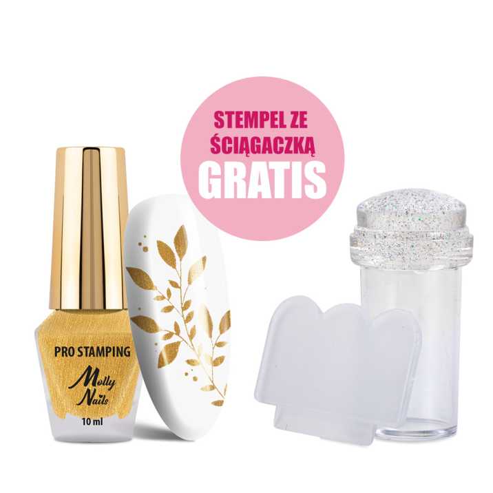 Lakier do stempli i stampingu Molly Nails PRO Stamping złoty gold 10ml + stempel ze ściągaczką GRATIS