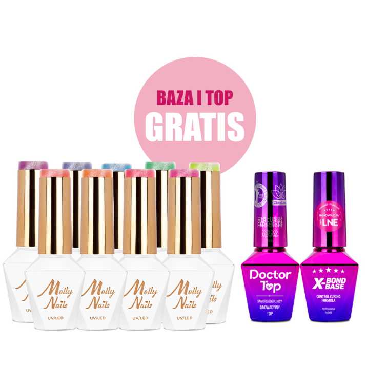 Zestaw 9 kolorów Molly Nails Neon Flashy Cat Eye HEMA Free 8g + baza i top GRATIS (X-Bond Base, Doctor Top)