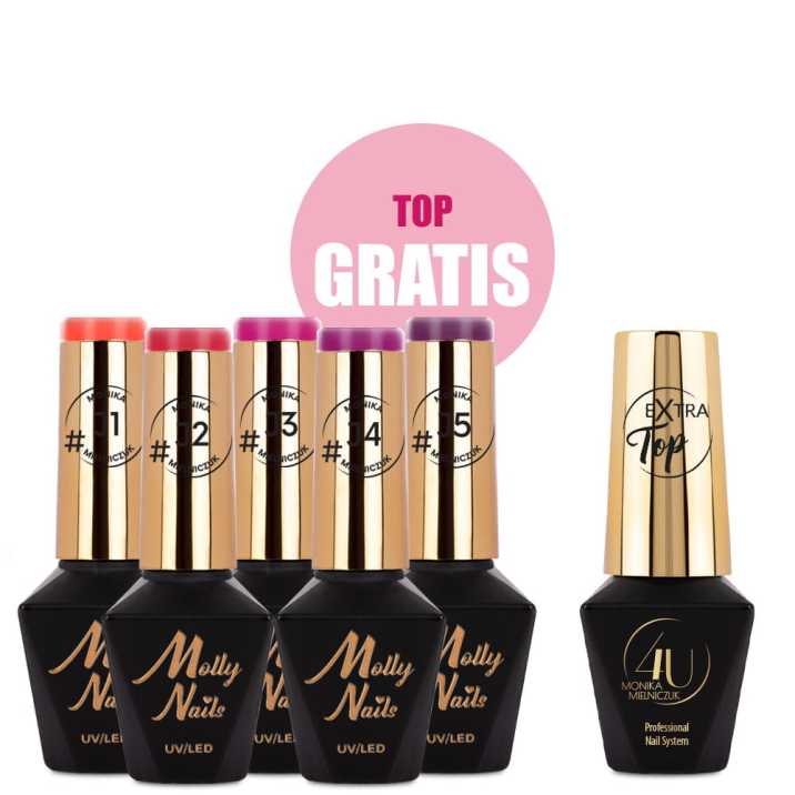 Zestaw 5 kolorów Molly Nails Juicy by Monika Mielniczuk HEMA/Di-HEMA free 8g + Extra Top no wipe 10g GRATIS