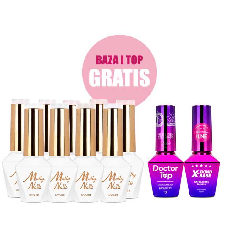 Zestaw 9 kolorów Molly Nails French Manicure HEMA/Di-HEMA Free 8g + baza i top GRATIS (X-Bond Base, Doctor Top)