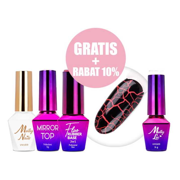 Zestaw Lakier hybrydowy Molly Nails Crackle Gel black czarny+Mirror Top+Baza Rubber Base 2w1 Fluo Nr 1+lakier hybrydowy GRATIS!