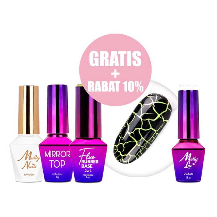 Zestaw Lakier hybrydowy Molly Nails Crackle Gel black czarny+Mirror Top+Baza Rubber Base 2w1 Fluo Nr 2+lakier hybrydowy GRATIS!