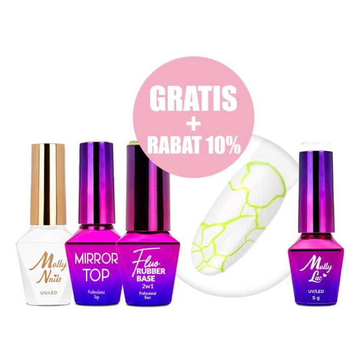 Zestaw Lakier hybrydowy Molly Nails Crackle Gel white biały+Mirror Top+Baza Rubber Base 2w1 Fluo Nr 2+lakier hybrydowy GRATIS!