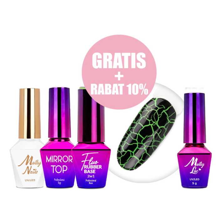 Zestaw Lakier hybrydowy Molly Nails Crackle Gel black czarny+Mirror Top+Baza Rubber Base 2w1 Fluo Nr 3+lakier hybrydowy GRATIS!