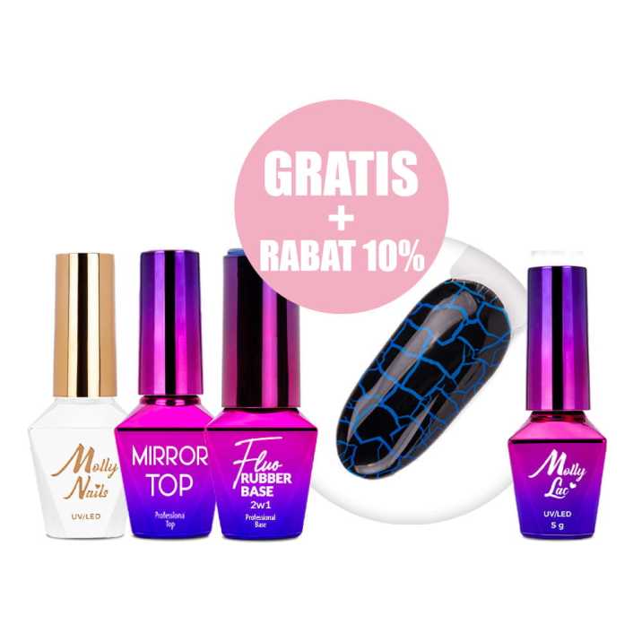 Zestaw Lakier hybrydowy Molly Nails Crackle Gel black czarny+Mirror Top+Baza Rubber Base 2w1 Fluo Nr 4+lakier hybrydowy GRATIS!