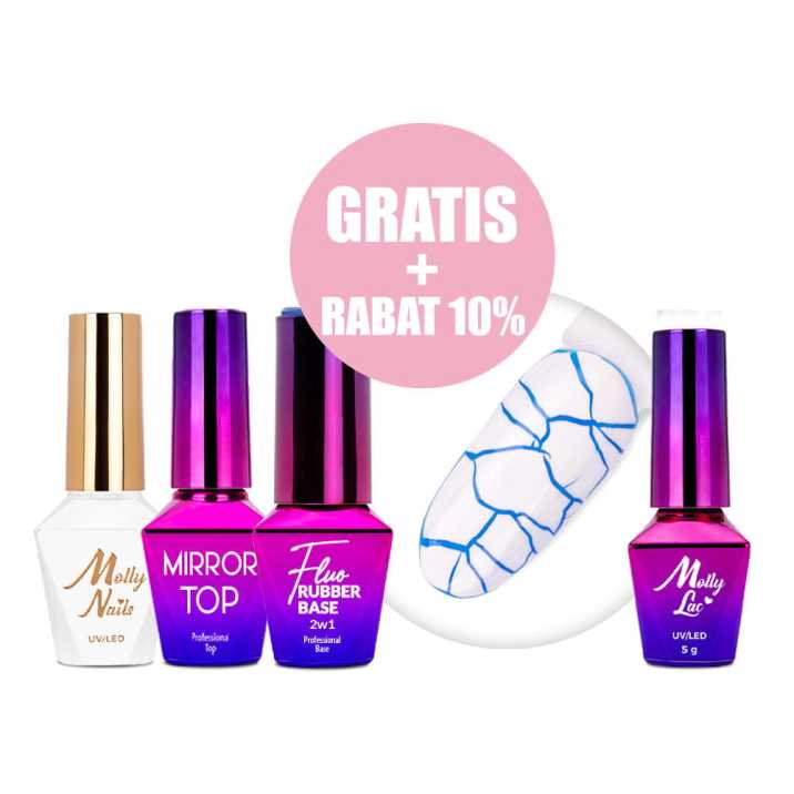 Zestaw Lakier hybrydowy Molly Nails Crackle Gel white biały+Mirror Top+Baza Rubber Base 2w1 Fluo Nr 4+lakier hybrydowy GRATIS!