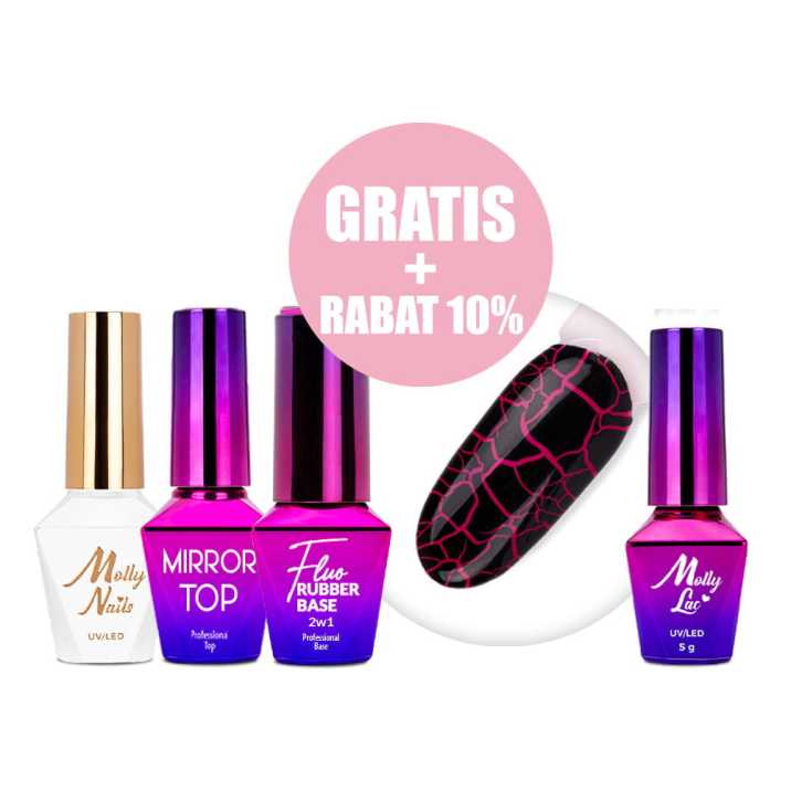 Zestaw Lakier hybrydowy Molly Nails Crackle Gel black czarny+Mirror Top+Baza Rubber Base 2w1 Fluo Nr 6+lakier hybrydowy GRATIS!