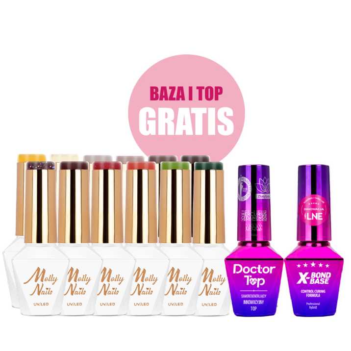 Zestaw 12 kolorów Molly Nails Jesień HEMA/Di-HEMA Free 8g  + baza i top GRATIS (X-Bond Base, Doctor Top)