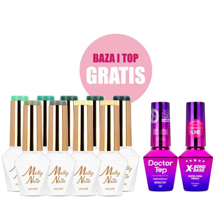 Zestaw 9 kolorów Rest & Relax Molly Nails HEMA/Di-HEMA Free + baza i top GRATIS (X-Bond Base, Doctor Top)