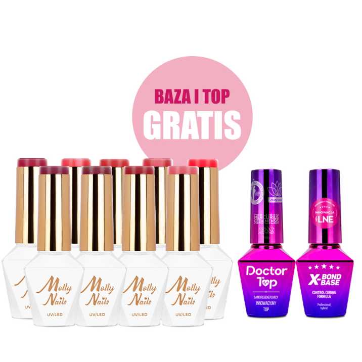 Zestaw 9 kolorów Hearts & Kisses Molly Nails HEMA/Di-HEMA Free + baza i top GRATIS (X-Bond Base, Doctor Top)