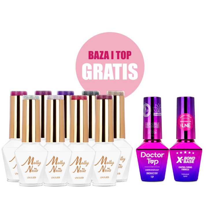 Zestaw 9 kolorów Spotlight Molly Nails HEMA/Di-HEMA Free + baza i top GRATIS (X-Bond Base, Doctor Top)