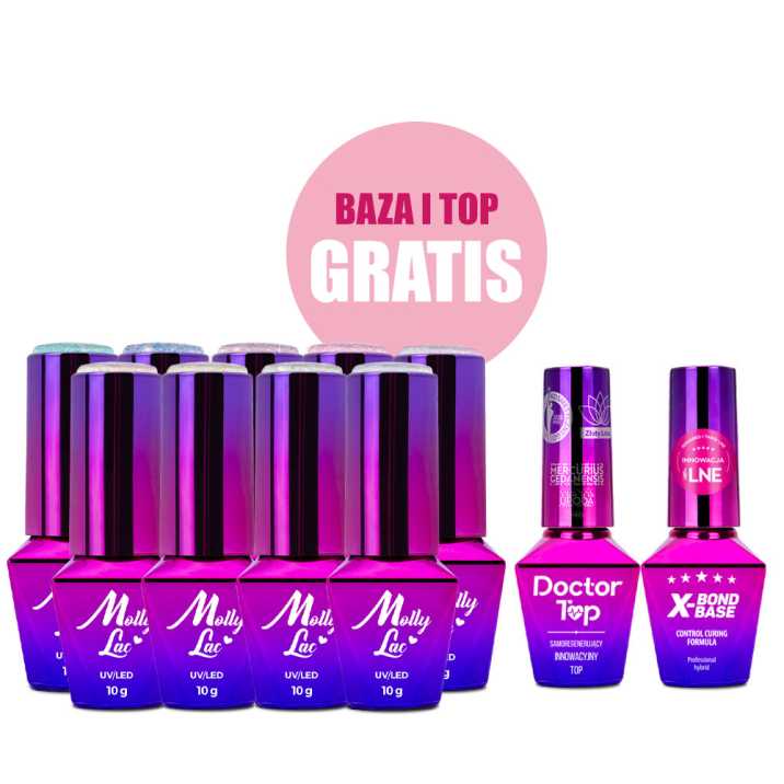 Zestaw 9 kolorów Mermaid Whispers MollyLac + baza i top GRATIS (X-Bond Base, Doctor Top)