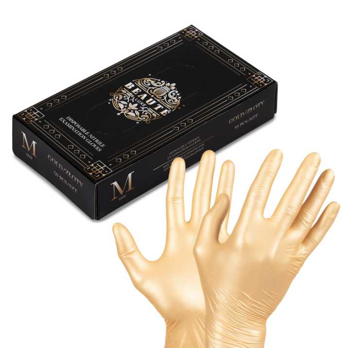 Rękawiczki jednorazowe nitrylowe diagnostyczne i ochronne Beaute Luxe rozmiar M złote 50 szt