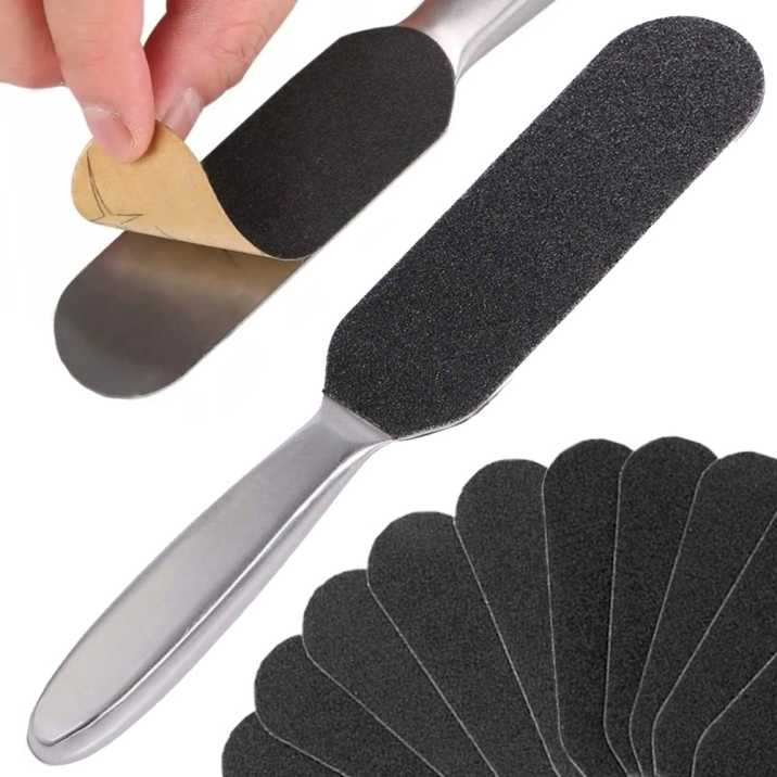 Tarka do pedicure z 10 wymiennymi wkładami 24,8 cm metalowa srebrna