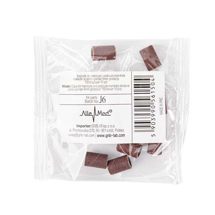 Kapturki do manicure i pedicure mandrele nakładki ścierne cylinder 6mm gradacja 150 AlleMed brązowe 10 szt.