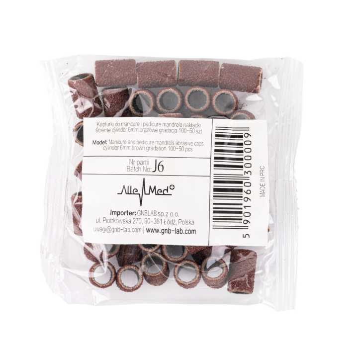 Kapturki do manicure i pedicure mandrele nakładki ścierne cylinder 6mm gradacja 100 AlleMed brązowe 50 szt