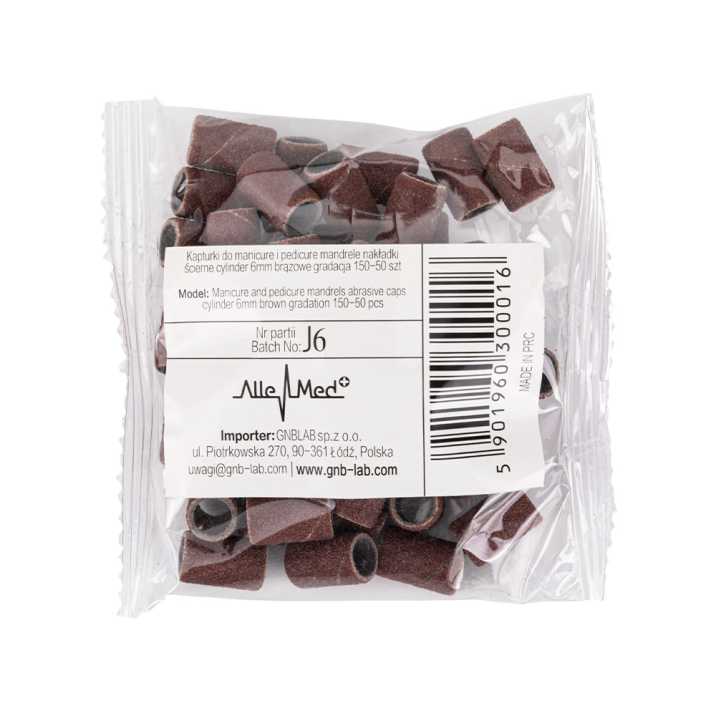 Kapturki do manicure i pedicure mandrele nakładki ścierne cylinder 6mm gradacja 150 AlleMed brązowe 50 szt