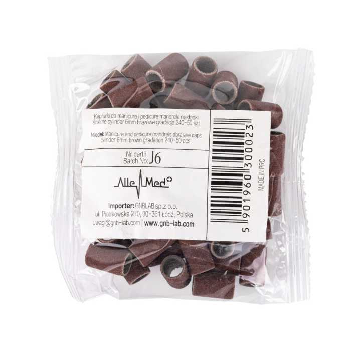 Kapturki do manicure i pedicure mandrele nakładki ścierne cylinder 6mm gradacja 240 AlleMed brązowe 50 szt