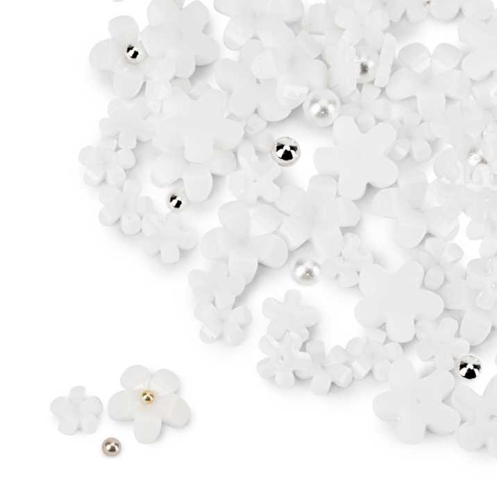 Ozdoby do paznokci kwiatki akrylowe + kulki Molly Nails białe 150 sztuk