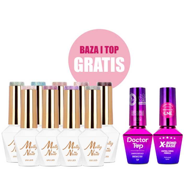 Zestaw 9 kolorów Shocking Shine Molly Nails HEMA/Di-HEMA Free + baza i top GRATIS (X-Bond Base, Doctor Top)