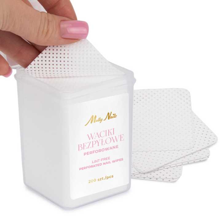Waciki bezpyłowe perforowane do paznokci Molly Nails białe 5x5 cm 200 szt